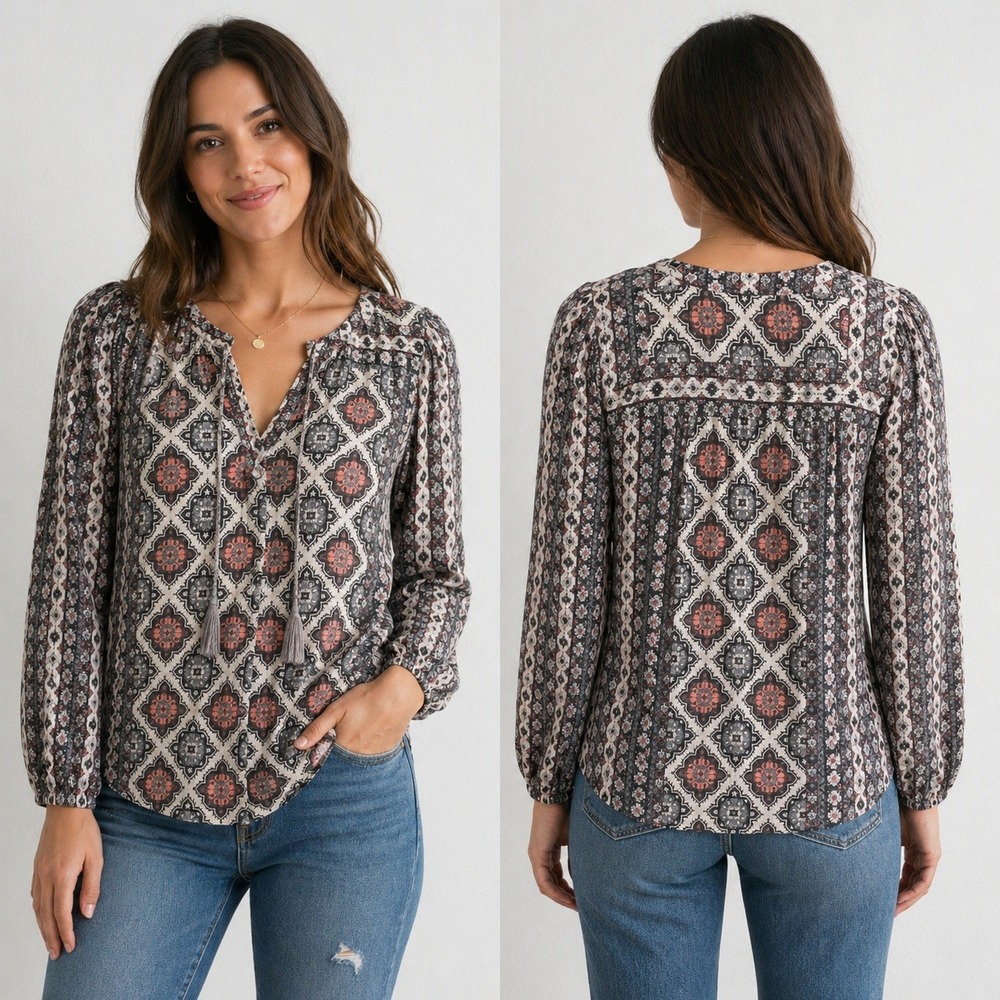 Lucky Brand Womens Grey Coral Medallion Print Tie Neck Peasant Blouse Size M